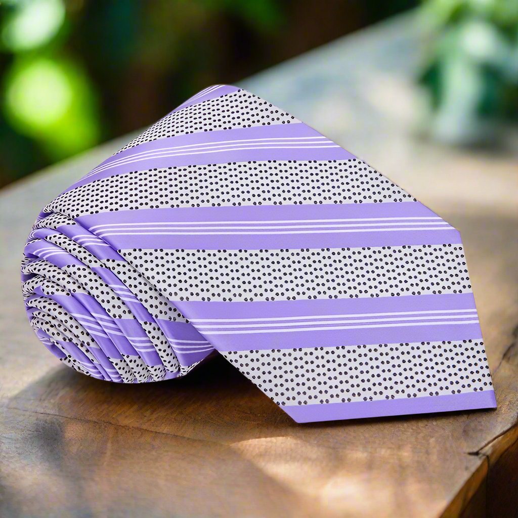 Close-up of the sleek grey and black striped necktie showcasing its silk fabric and design.