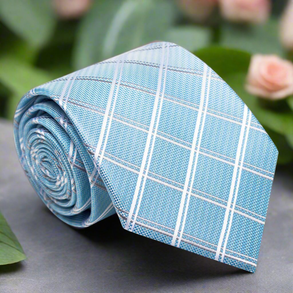 Close-up of light blue silk necktie with plaid pattern for weddings