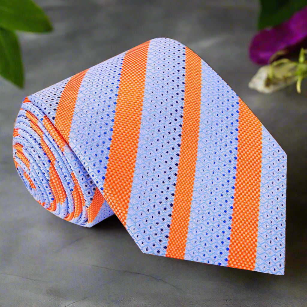 Close-up of light blue and orange striped necktie with crisp stripe pattern