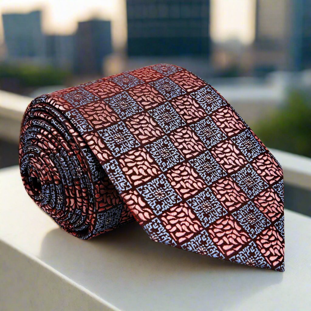 Silver and blue geometric necktie displayed with matching pocket square, perfect for formal events.