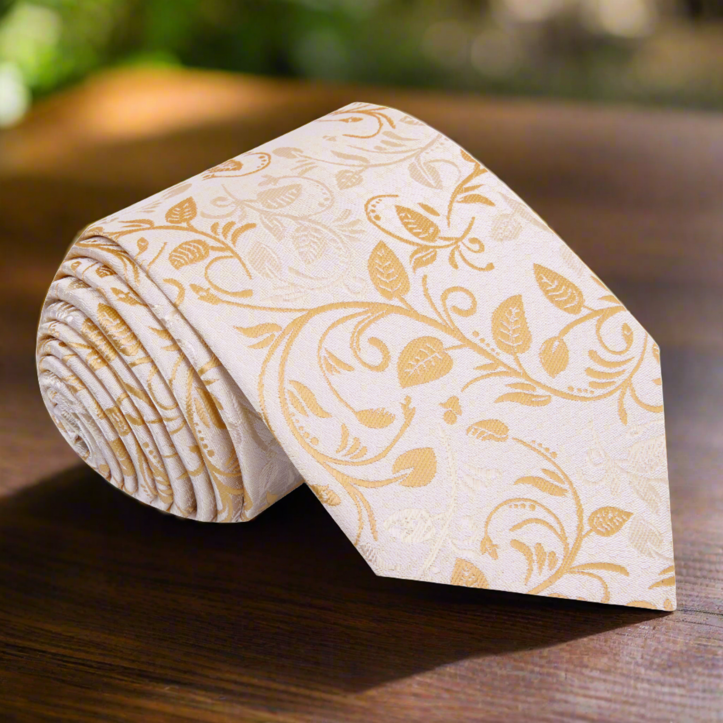 Silk necktie with vine pattern in beige and brown, ideal for weddings and formal events