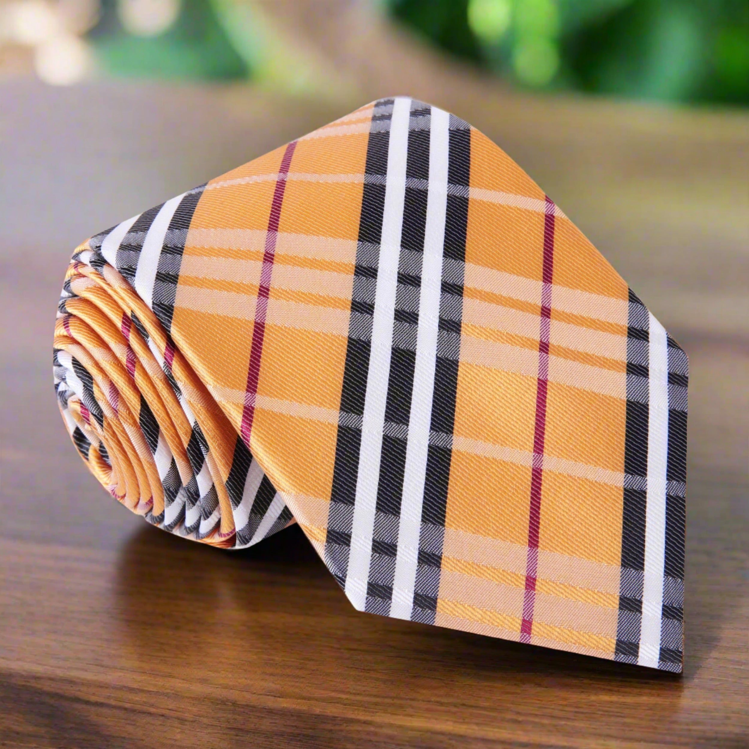 Close-up of the plaid silk necktie showcasing intricate pattern and rich colors