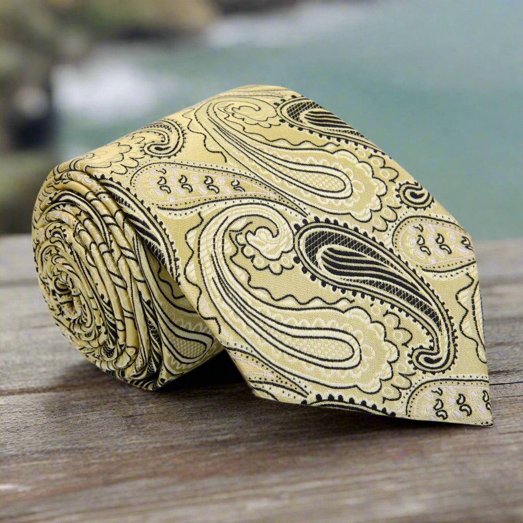 Elegant paisley silk necktie showcasing intricate blue, brown, and black patterns, ideal for formal wear. Elegant paisley silk necktie showcasing intricate blue, brown, and black patterns, ideal for formal wear.