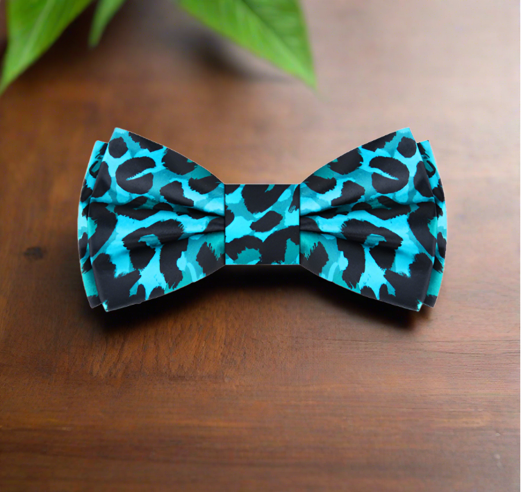 Close-up of a stylish mens bow tie with adjustable strap and wild animal print
