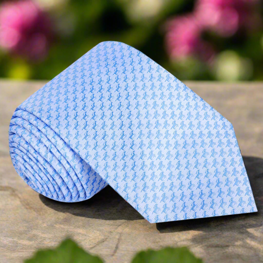 Complete outfit featuring the horse pattern tie paired with a dark navy suit.