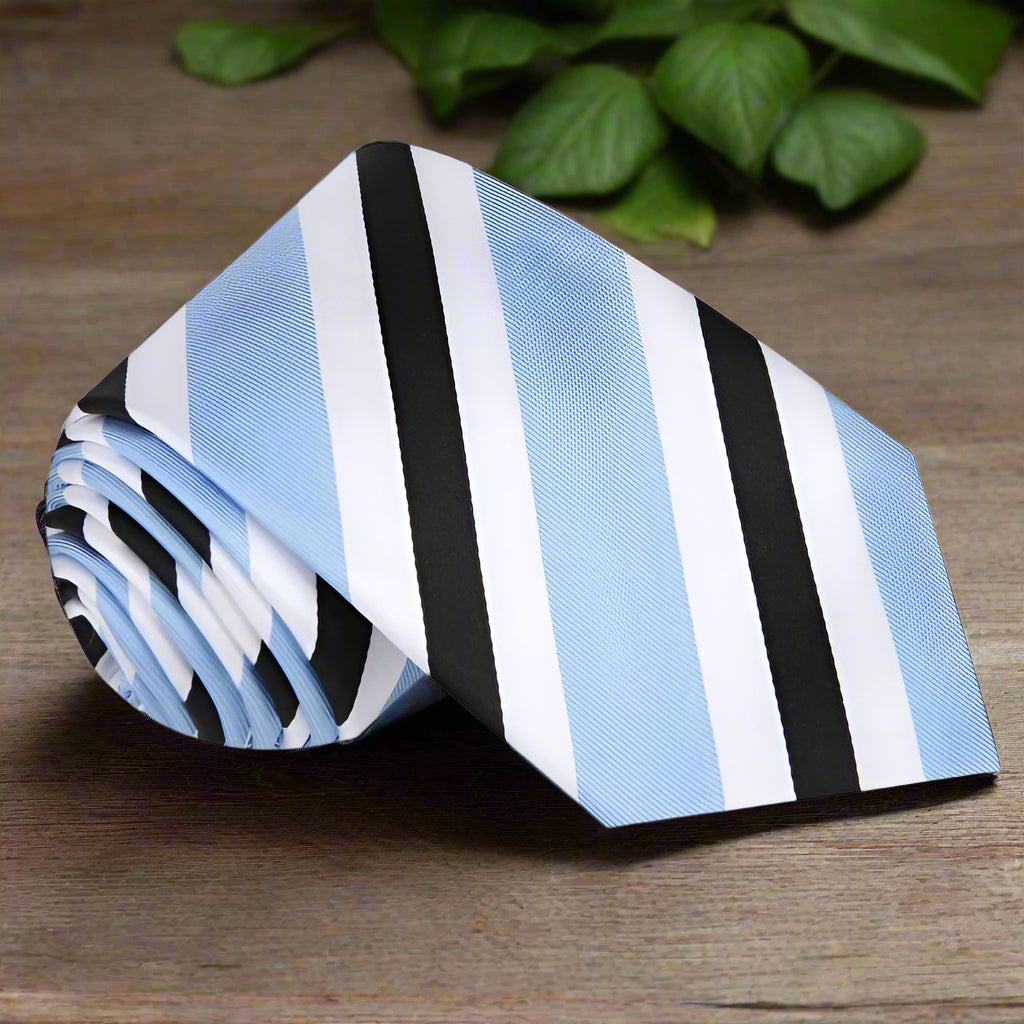 Mens striped tie styled with a light blue dress shirt for business meetings