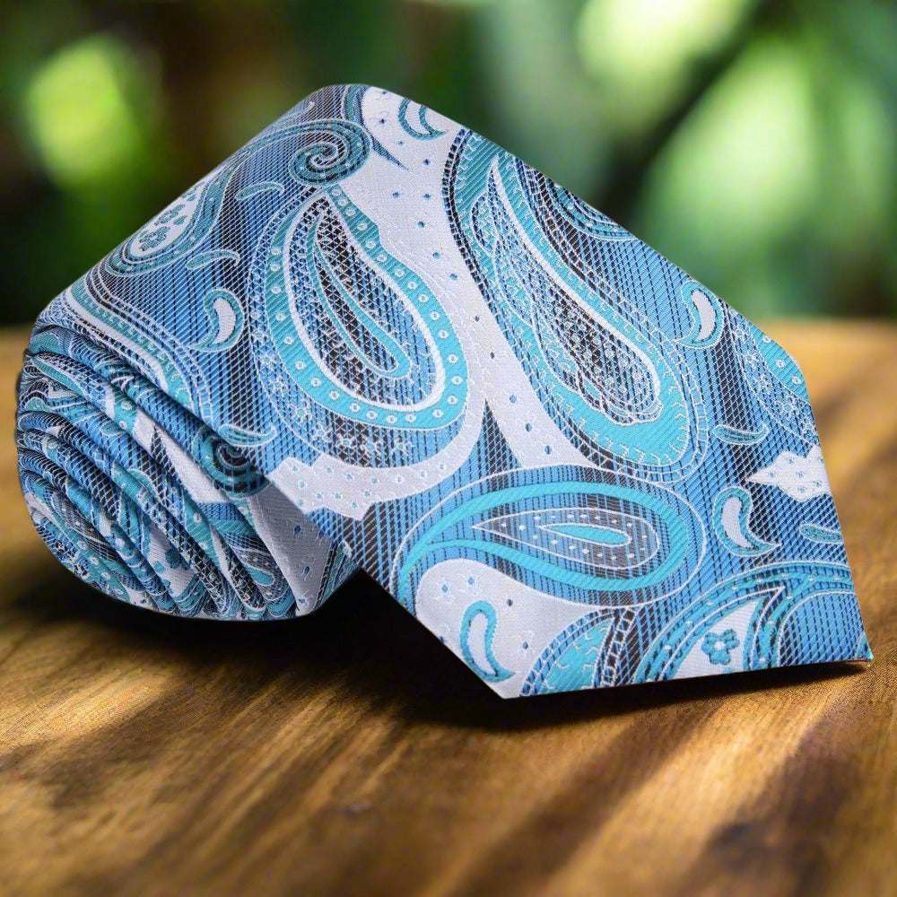 Close-up of the silk paisley necktie with intricate pattern details