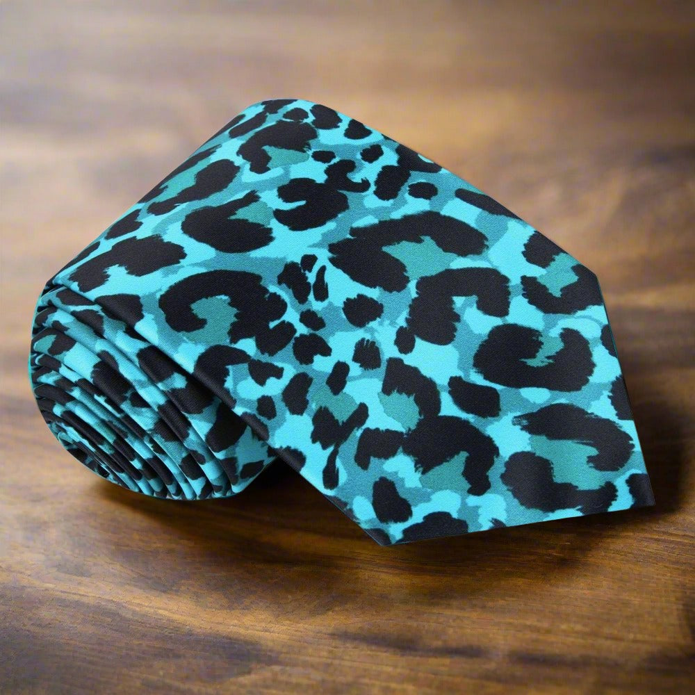 Close-up of a cheetah pattern silk tie for men in black and white