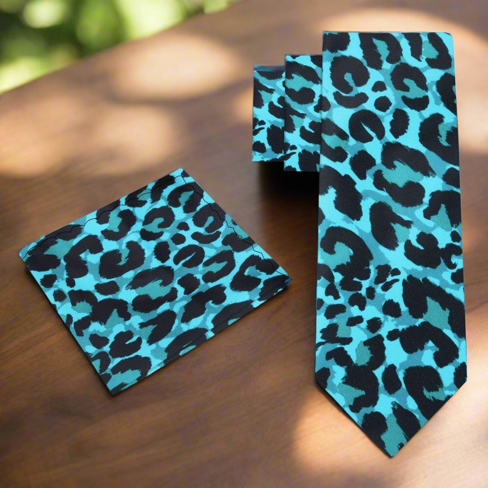 Display of the cheetah print necktie alongside a matching pocket square for a complete look.
