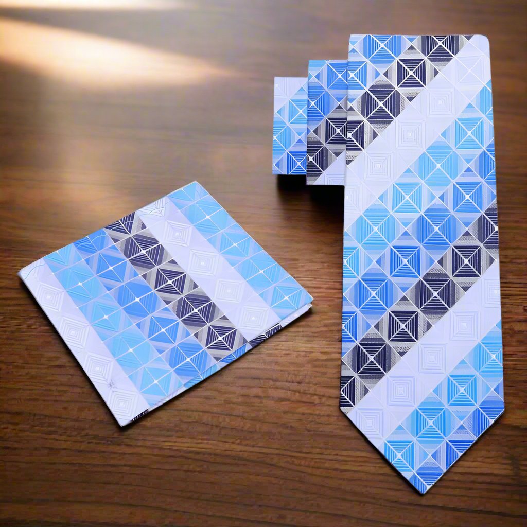 Elegant silk tie and pocket square set displayed on a flat surface, highlighting the sophisticated design for semi-formal occasions.