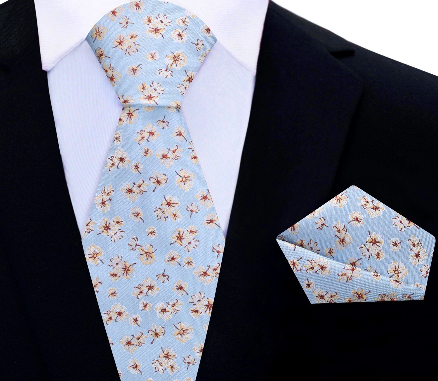 Mens silk tie and pocket square set in light blue with floral accents suitable for business meetings