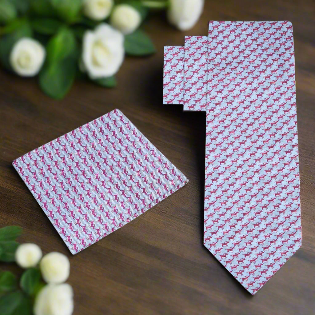 Close-up of a mens dress tie with vibrant racing horse design, showcasing high-quality silk material