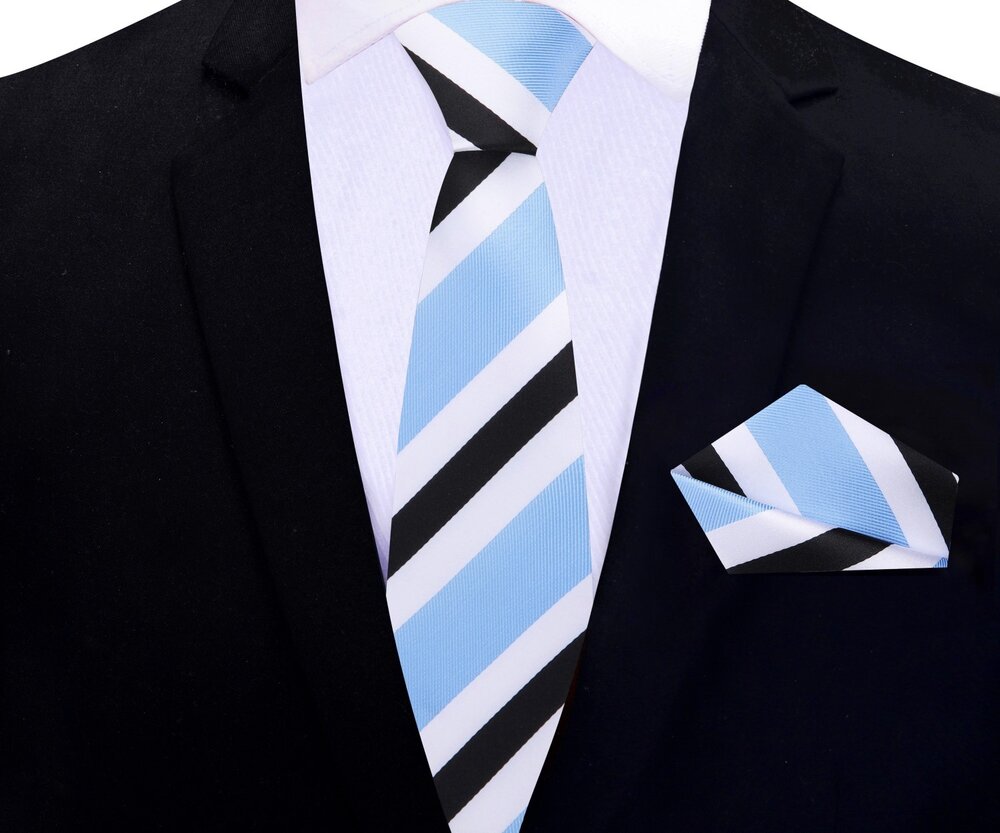 Matching pocket square with stripe pattern, perfect for formal occasions