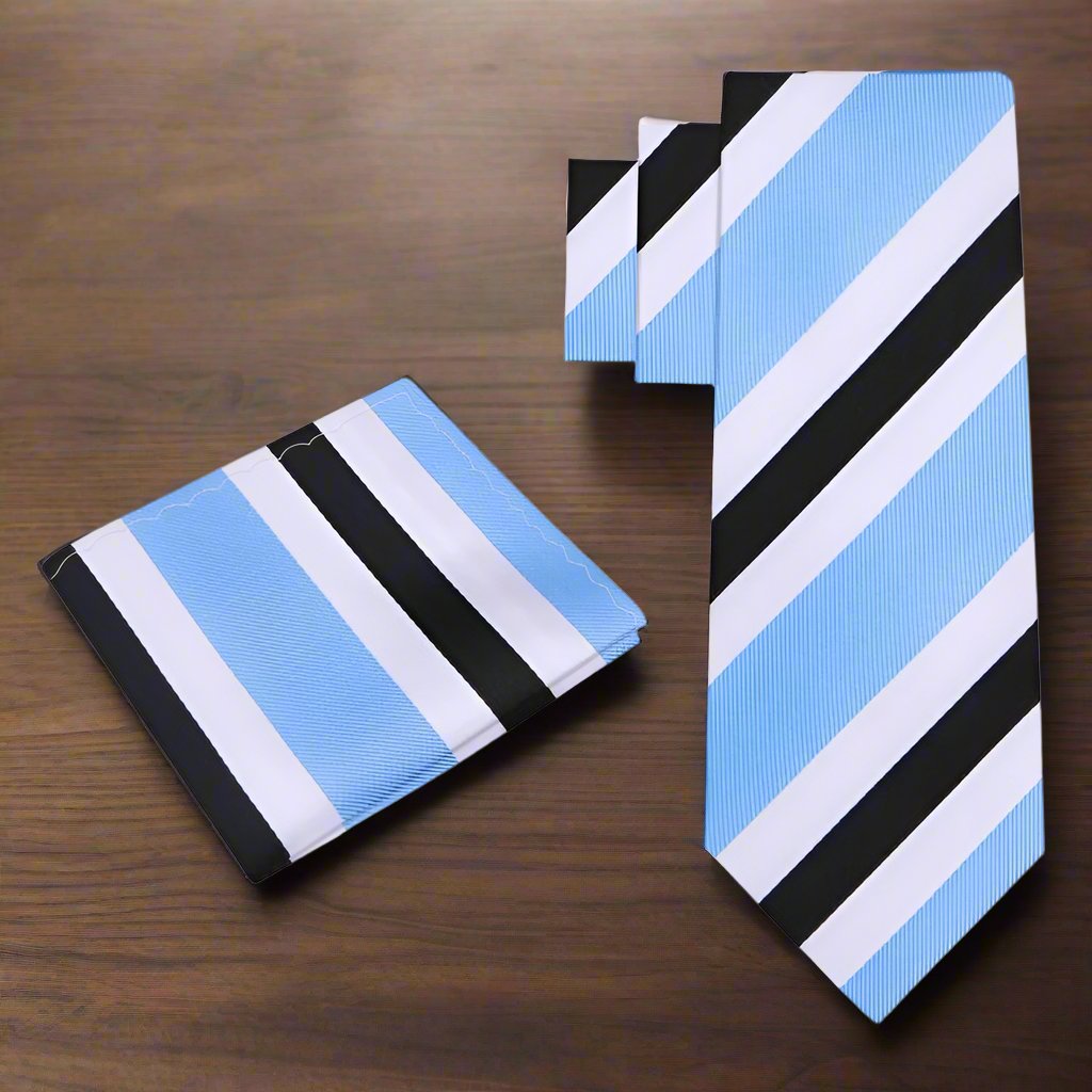 Elegant mens silk tie with blue and white stripes, suitable for business attire