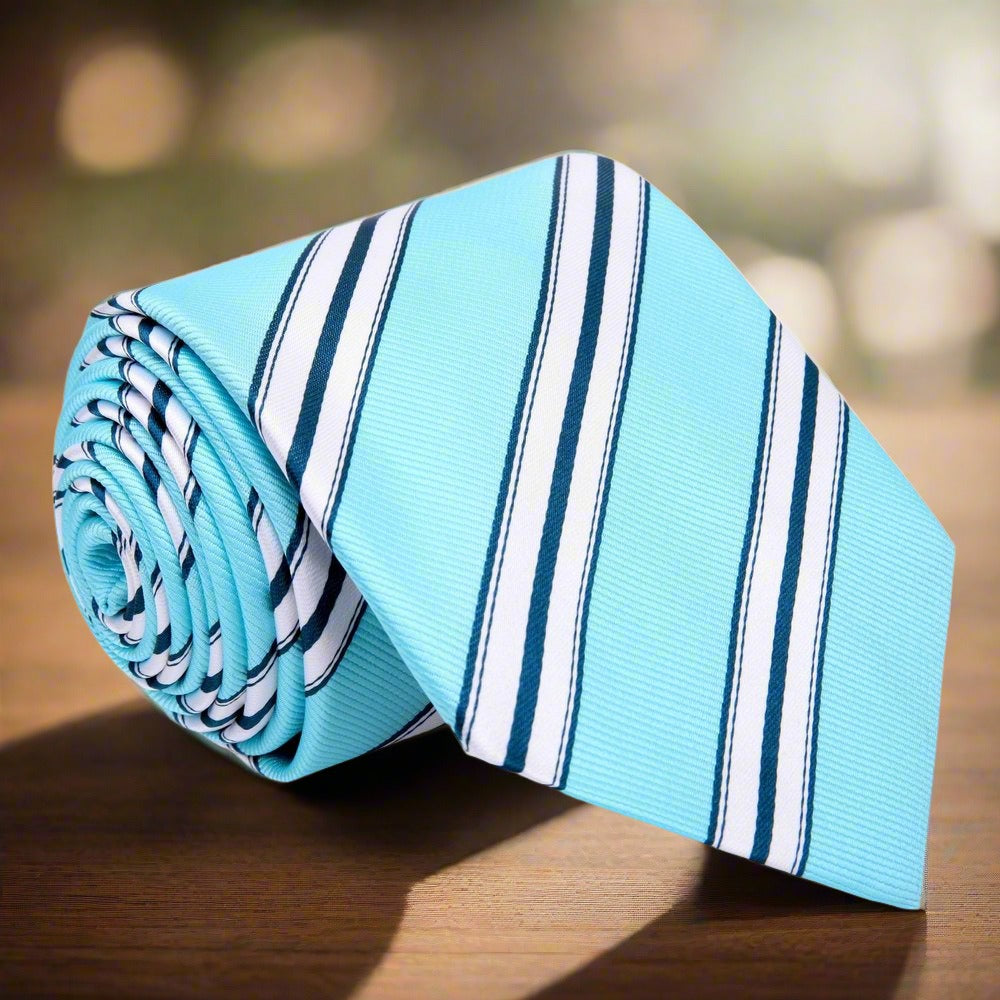 Close-up of yellow and white striped silk necktie on a mannequin