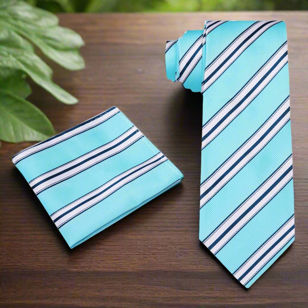 Matching pocket square with yellow and white stripes on a dress shirt