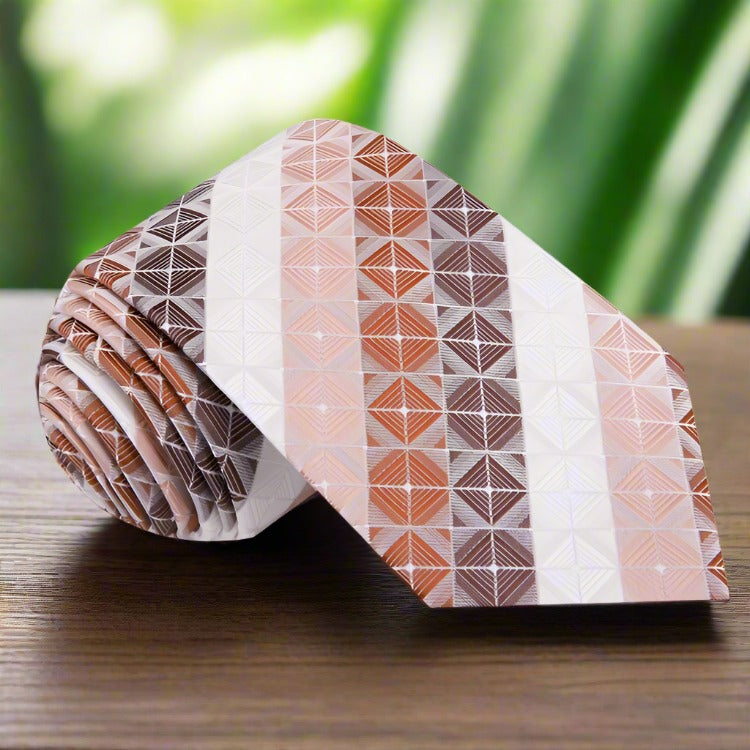 Close-up of a mens geometric silk tie in shades of brown and blue, showing detailed pattern and luxurious fabric.