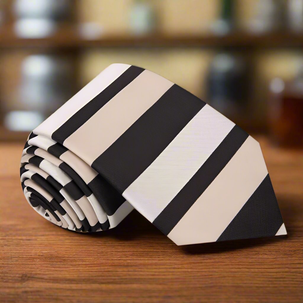 Close-up view of the elegant brown striped silk necktie, showcasing its premium texture and design.