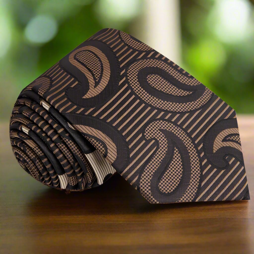 Close-up of blue and black paisley silk necktie showing intricate pattern and rich colors