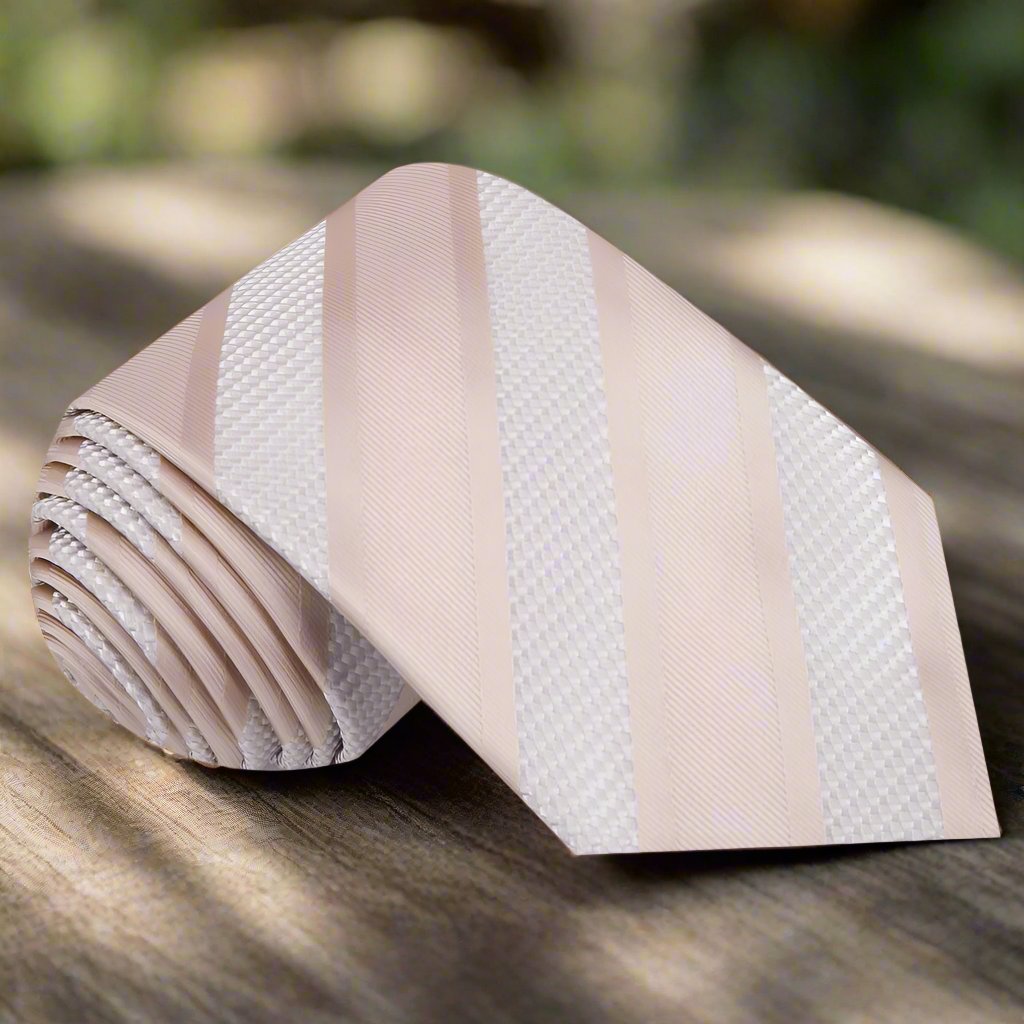 Formal striped tie with pocket square set, styled elegantly with a charcoal grey suit.