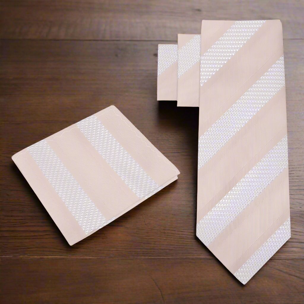 Elegant silk necktie and handkerchief set displayed on a wooden surface for networking events