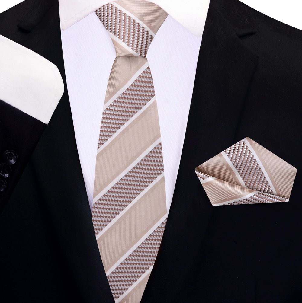 Elegant silk necktie and handkerchief set displayed on a wooden surface for networking events