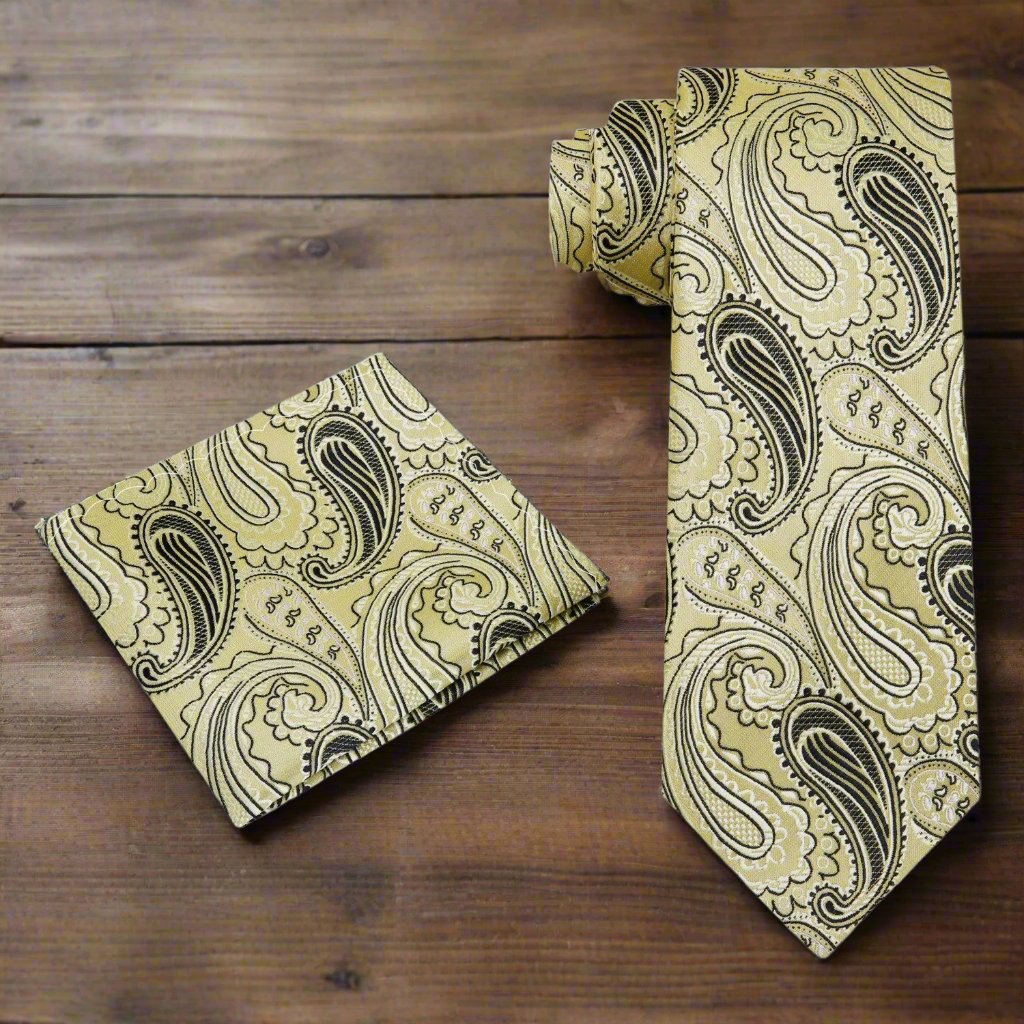Elegant paisley silk necktie showcasing intricate blue, brown, and black patterns, ideal for formal wear.