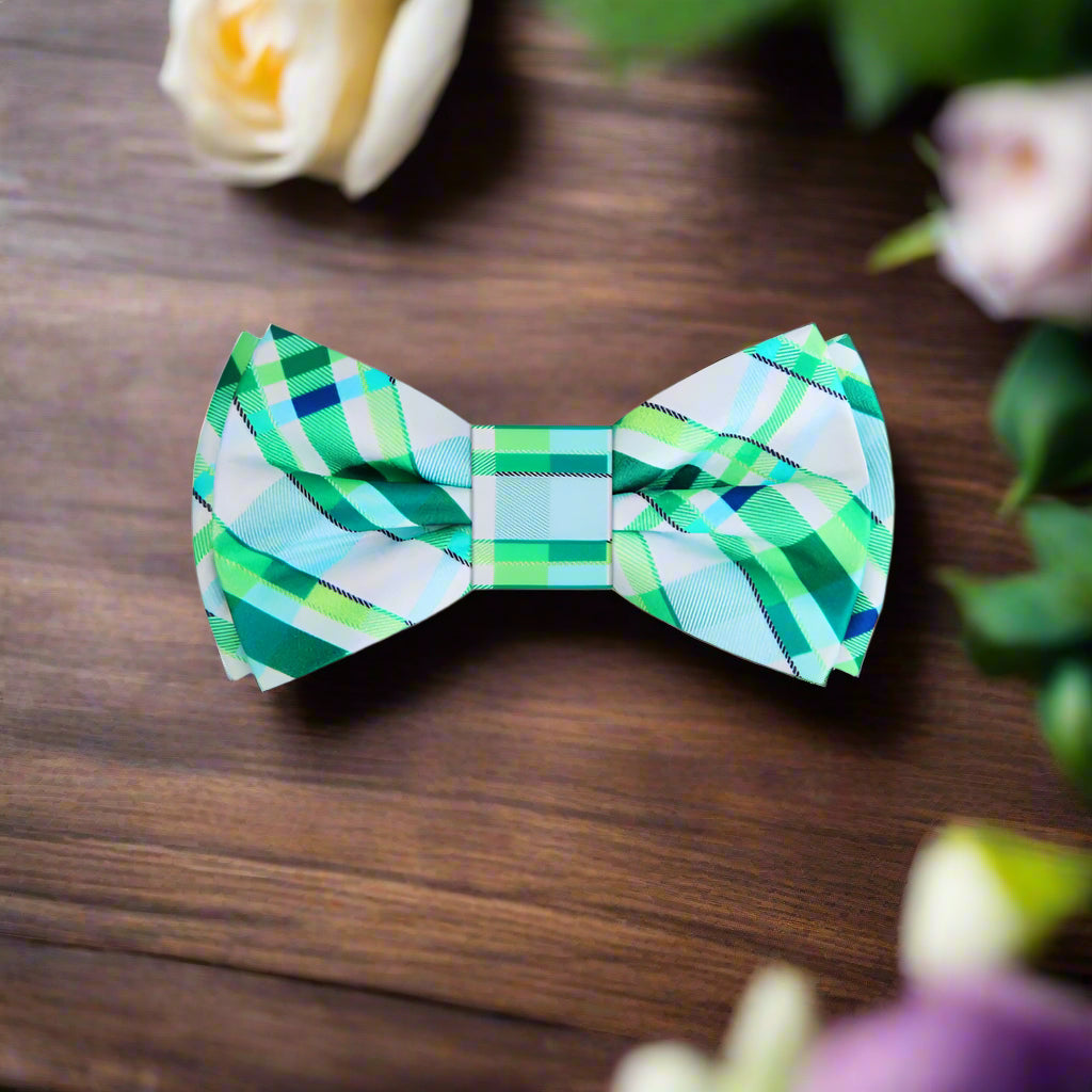 Close-up of the charming plaid bow tie highlighting the intricate 100% silk fabric.