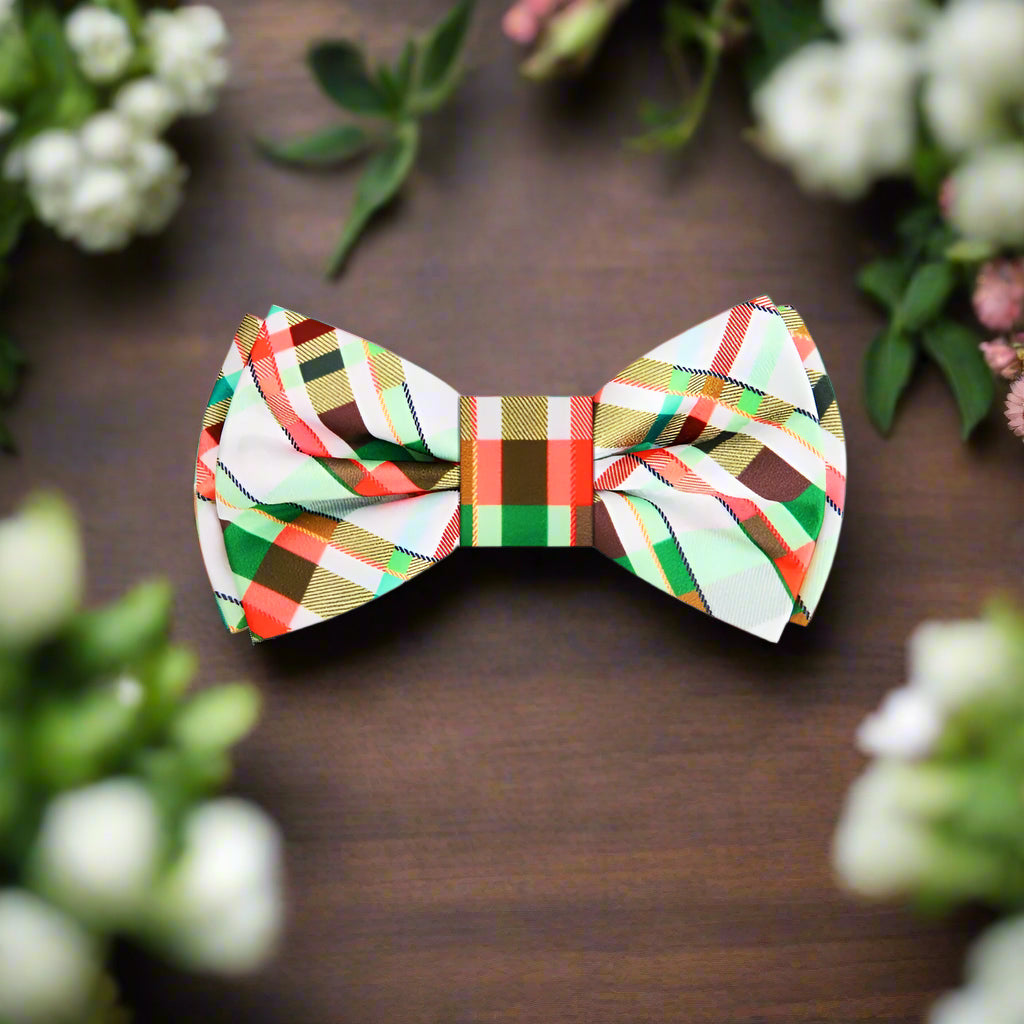 Close-up of the charming plaid bow tie highlighting the intricate 100% silk fabric.