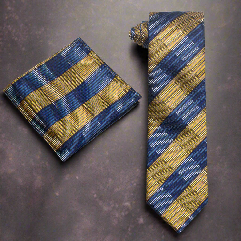 Close-up of mens plaid necktie with blue, red, and orange colors, suitable for business wear