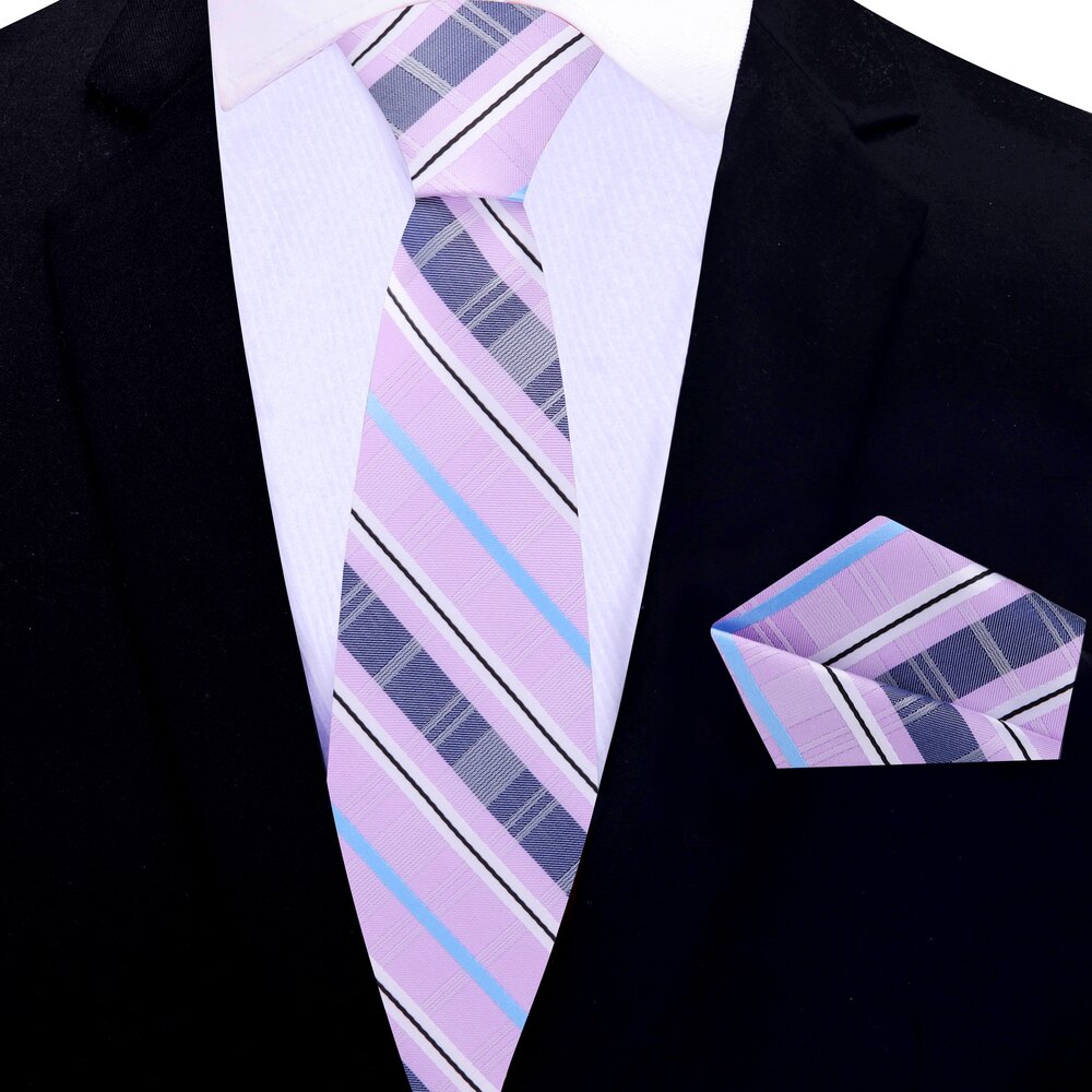 Flat lay of the Arcadia plaid tie with matching pocket square, showcasing vibrant colors