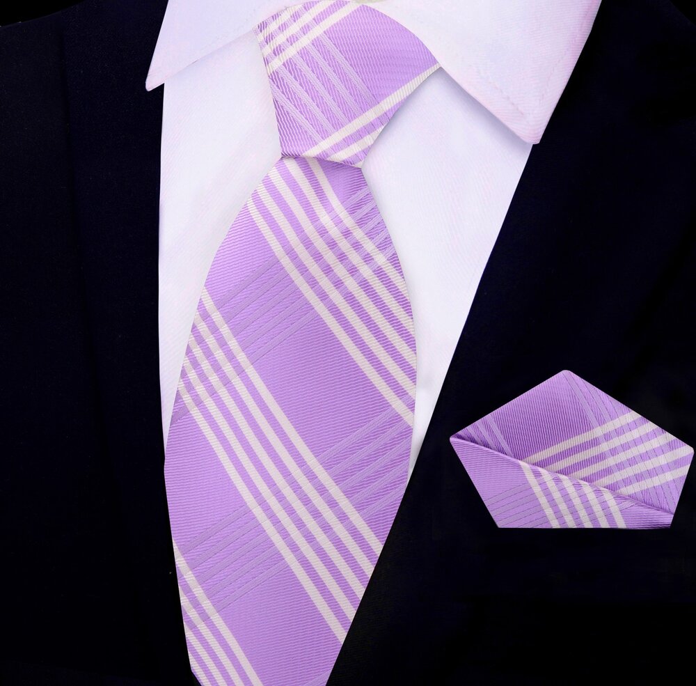 Close-up view of Graftenwell light purple plaid silk tie, showcasing its elegant design.