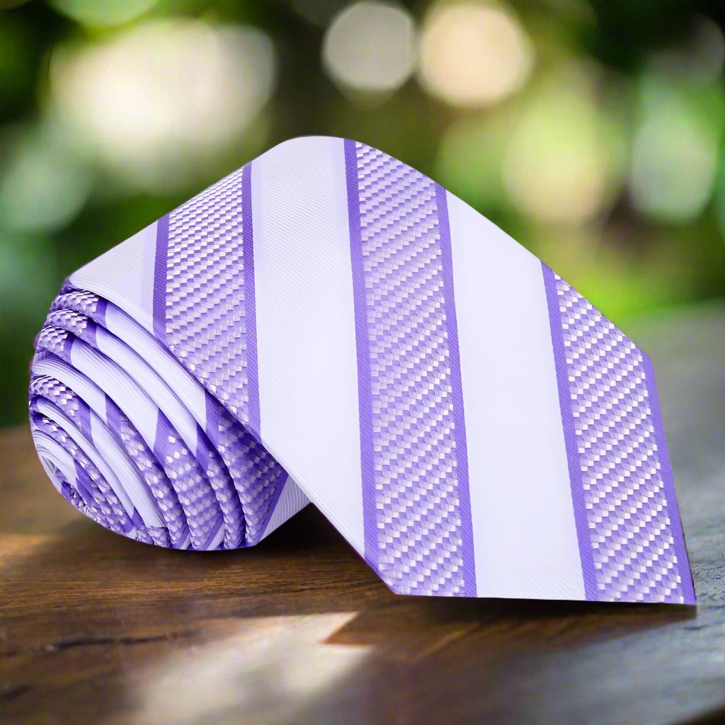 Formal striped tie with pocket square set, styled elegantly with a charcoal grey suit.