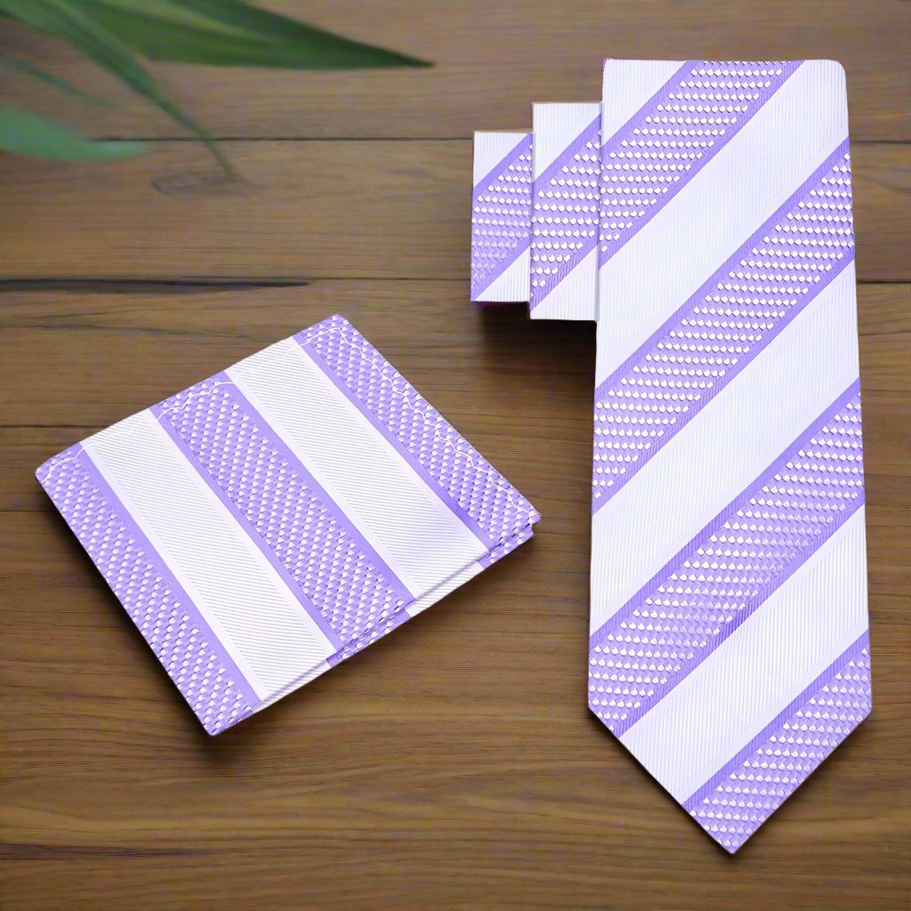 Elegant silk necktie and handkerchief set displayed on a wooden surface for networking events