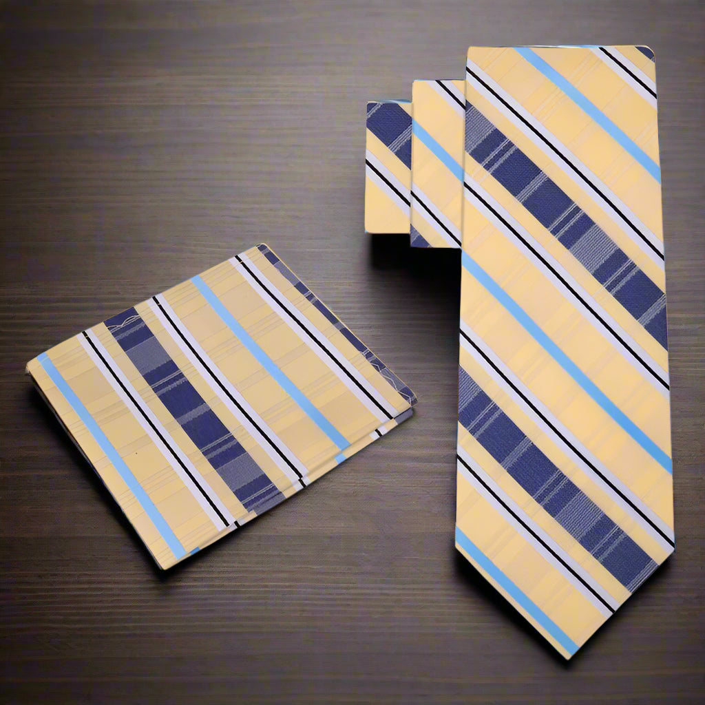 Flat lay of the Arcadia plaid tie with matching pocket square, showcasing vibrant colors
