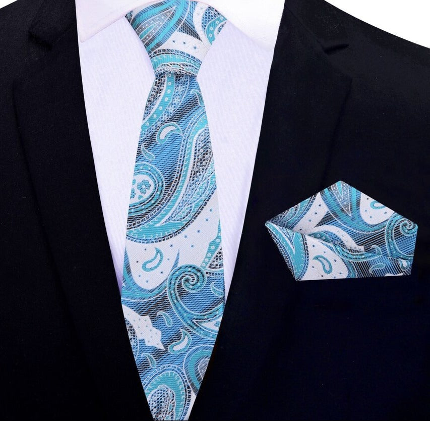 Close-up of the silk paisley necktie with intricate pattern details
