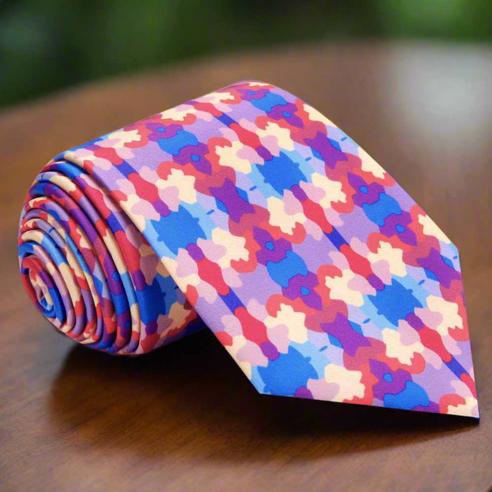 Close-up of silk tie showcasing abstract watercolor pattern in vivid hues — ideal for weddings.