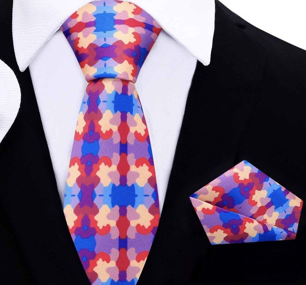 Close-up of silk tie showcasing abstract watercolor pattern in vivid hues — ideal for weddings.