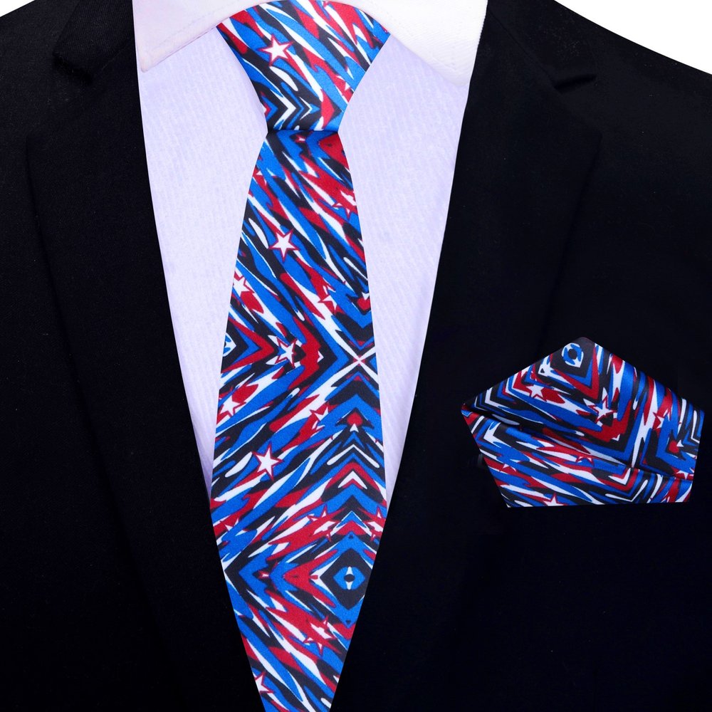 Formal necktie showcasing abstract red, white, and blue pattern, ideal for Independence Day.