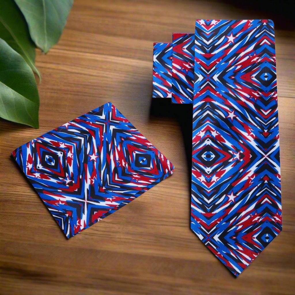 Patriotic silk necktie draped over a navy blue suit, enhancing its sophisticated look.