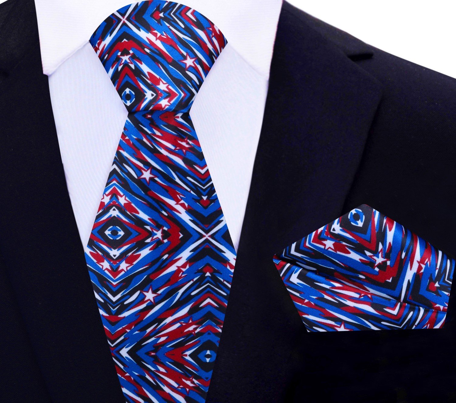 Patriotic silk necktie draped over a navy blue suit, enhancing its sophisticated look.