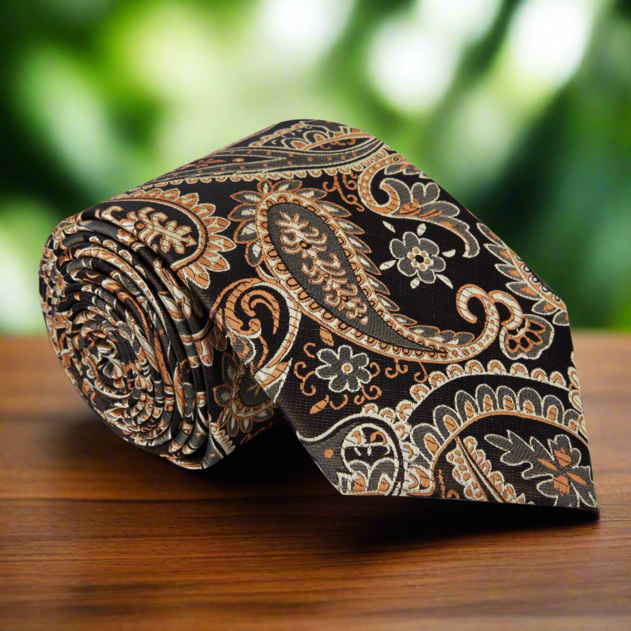 Close-up of the luxury dark brown paisley tie showcasing intricate patterns