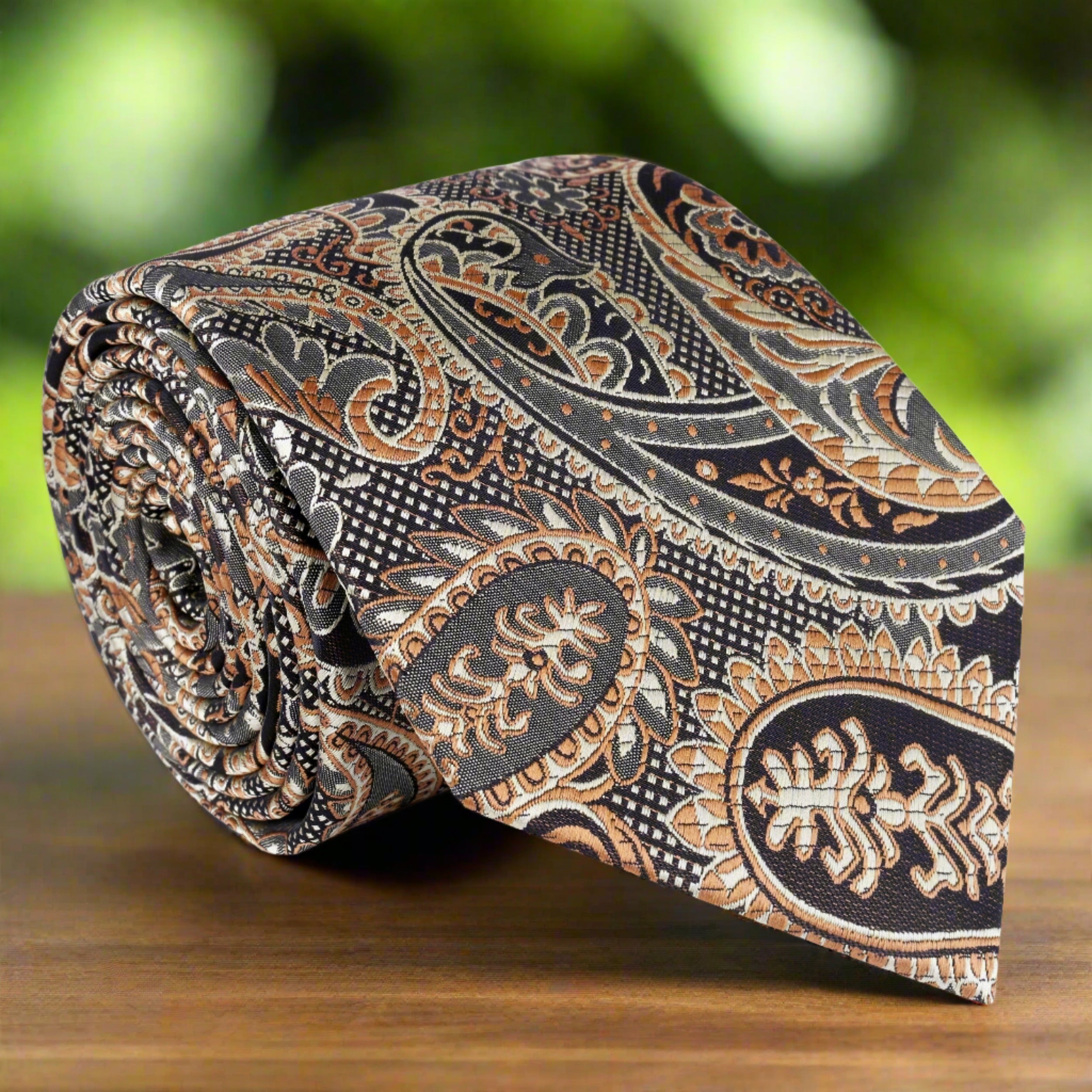 Close-up of dark brown paisley men's dress tie showcasing intricate silk pattern