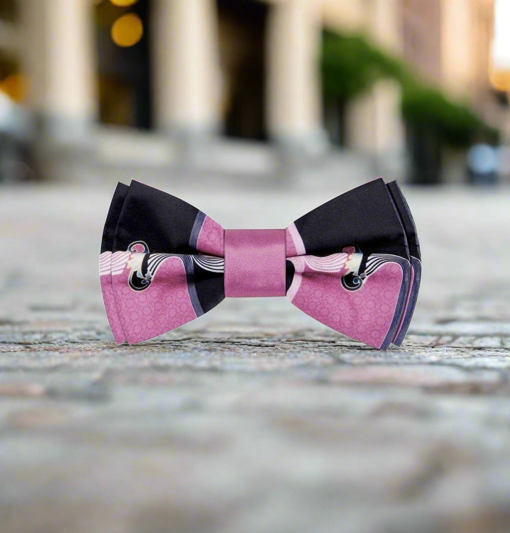 Detail shot of a premium abstract wave bow tie paired with a tuxedo