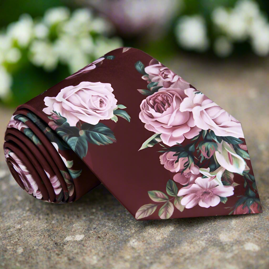 Close-up of the elegant floral necktie showcasing pink roses against a grey background, ideal for formal occasions.