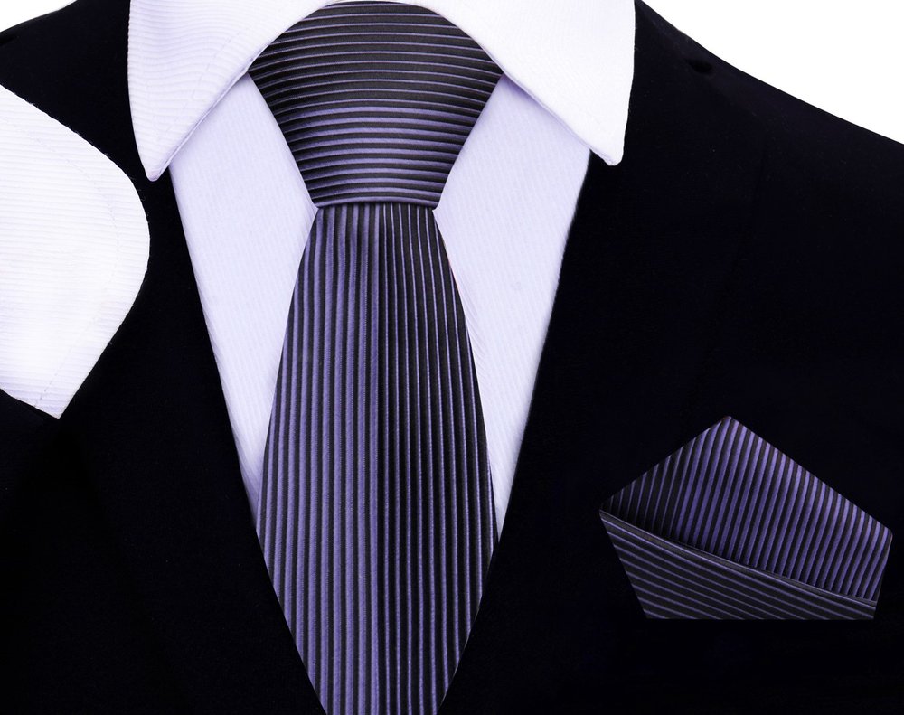 Close-up of a black silk necktie showcasing its metallic purple stripe pattern.