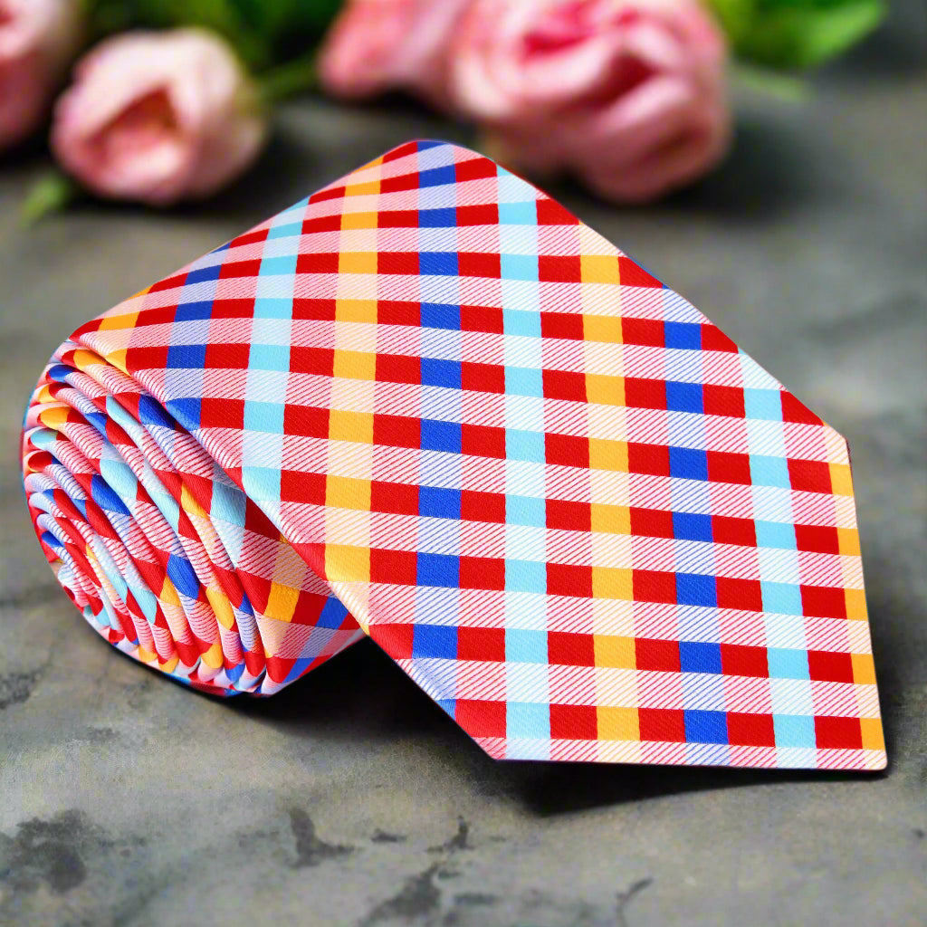 Close-up of vibrant check pattern silk necktie draped over a white dress shirt