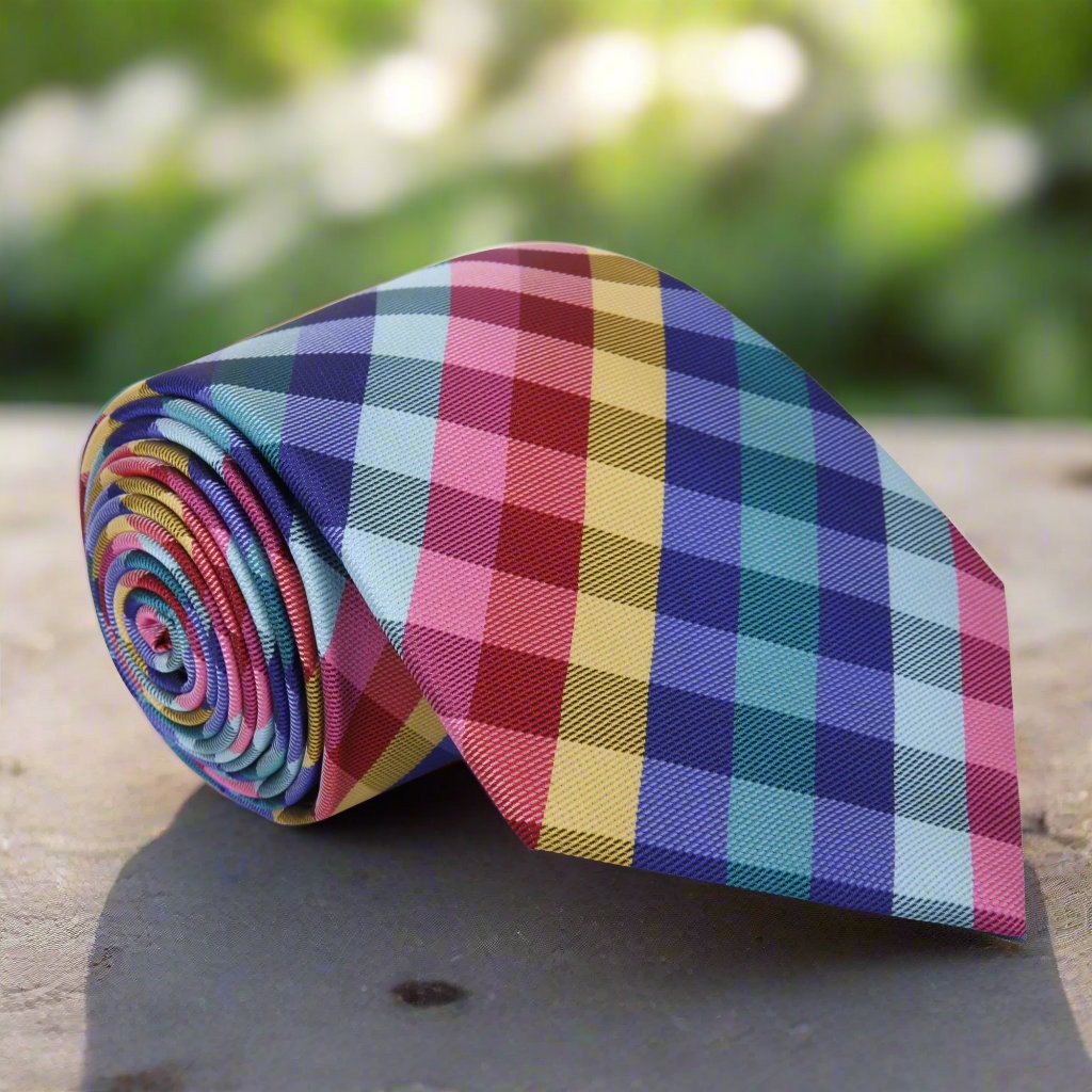 Blue plaid necktie displayed on a white dress shirt, showcasing its elegant design.
