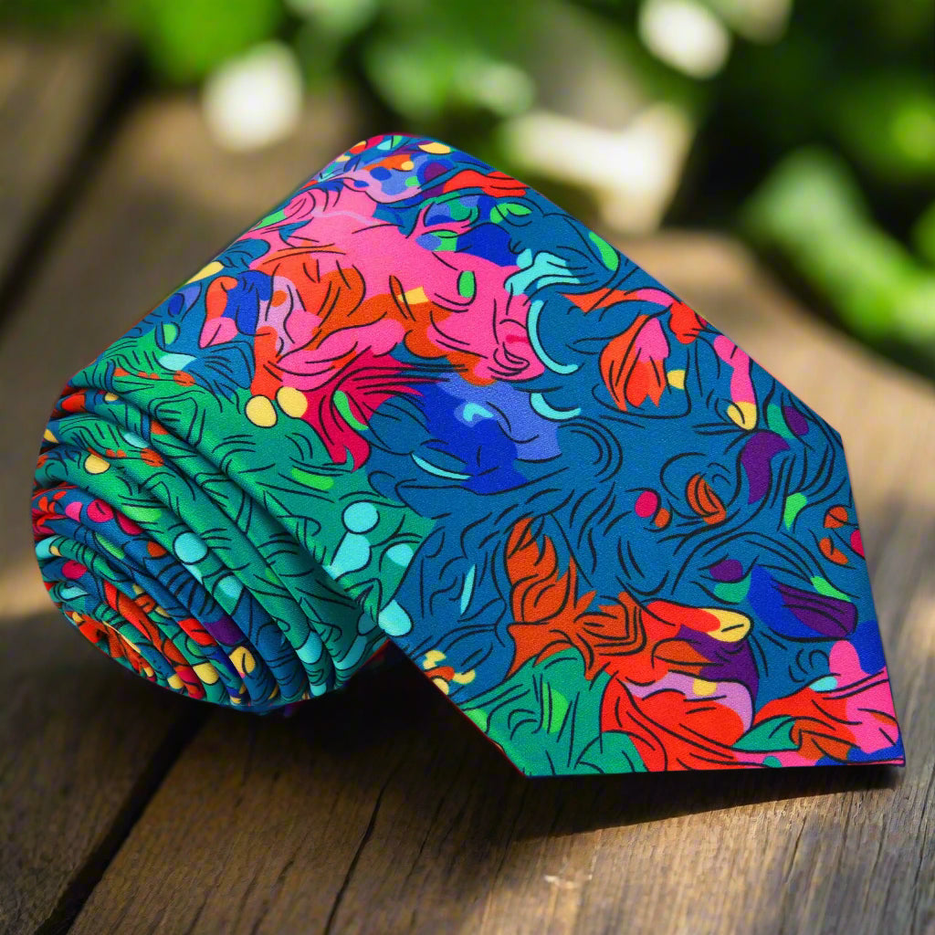 Front view of the vibrant artisan mosaic necktie showcasing the intricate abstract design in blue, green, red, and pink.