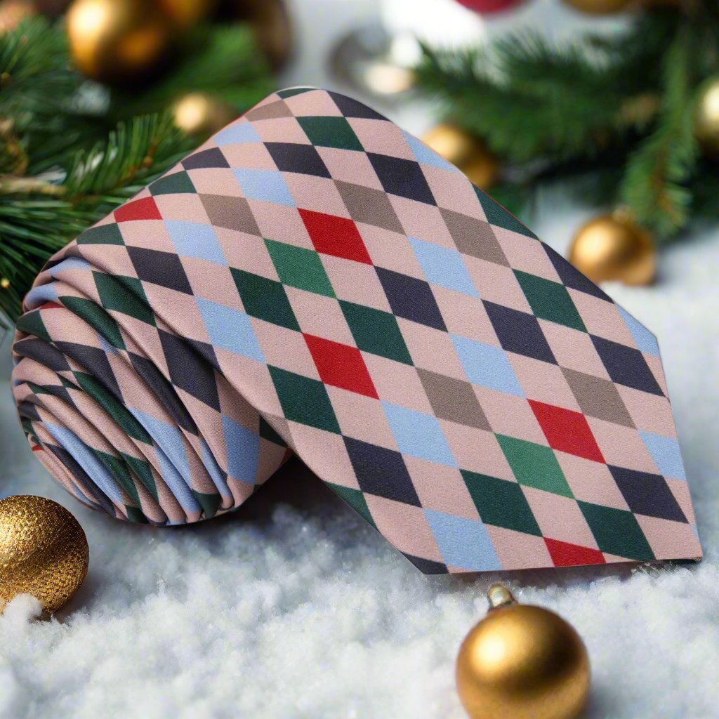 Close-up of silk Christmas Harlequin Diamonds necktie in festive colors
